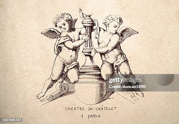 cherubs, angels, drawing, sculpture, art, vintage illustration, 19th century - cherub stock illustrations
