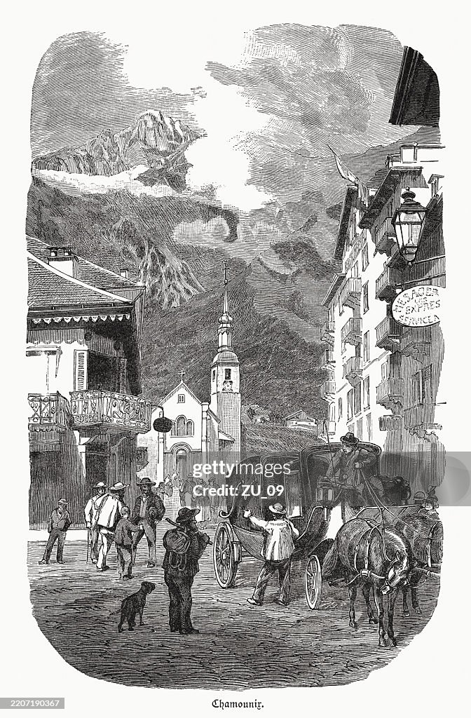 Historical view of Chamonix, France, wood engraving, published in 1895