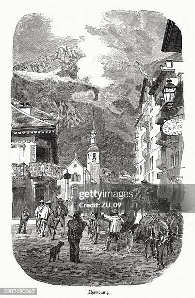 historical view of chamonix, france, wood engraving, published in 1895 - french alps stock illustrations