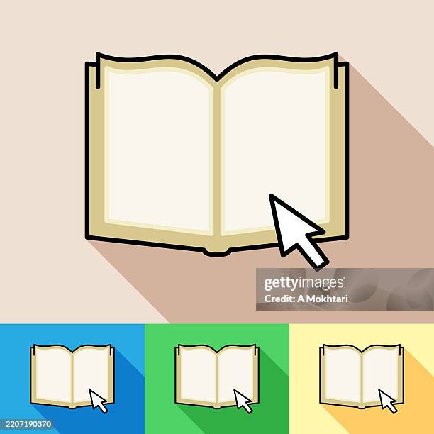 vector icon of an open book with mouse cursor, with color and background variations. - test preparation stock illustrations
