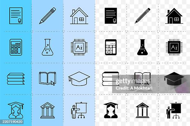 education vector icon set – combined outline and black version. - school project stock illustrations