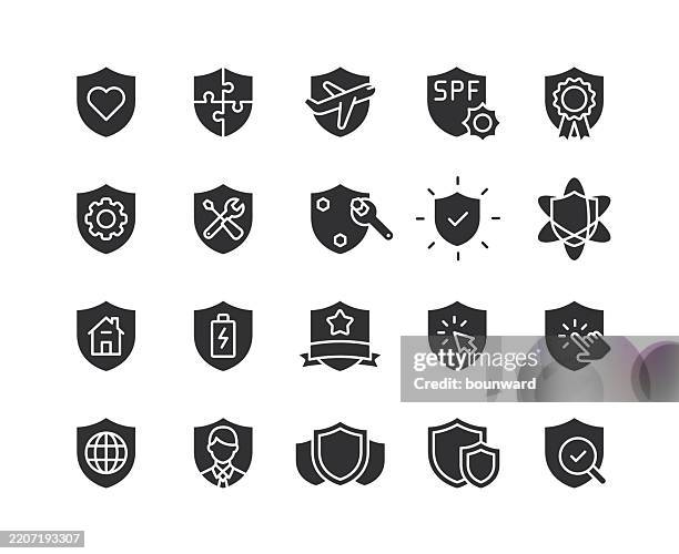 shield flat black icons. vector - legal defense stock illustrations