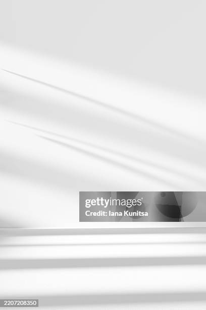 minimalist 3d vertical background with soft natural light and shadows on white monochrome wall. abstract composition, design element. empty space for presentation products, place for text. copy space. - superposición-de-sombras fotografías e imágenes de stock