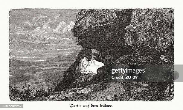 on the mont salève, haute-savoie, france, wood engraving, published in 1895 - french alps stock illustrations