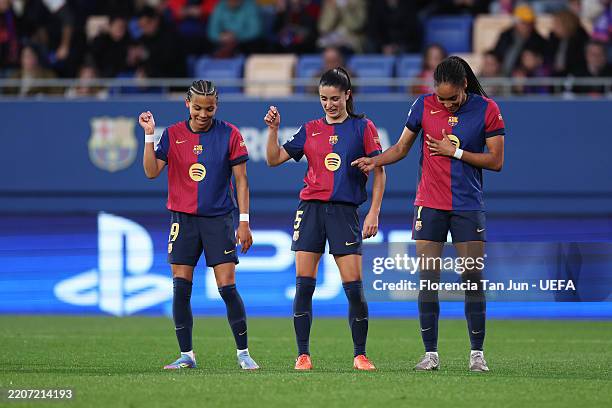Salma Paralluelo of FC Barcelona celebrates scoring her team's second goal with teammates Jana Fernandez and Vicky Lopez during the UEFA Women's...