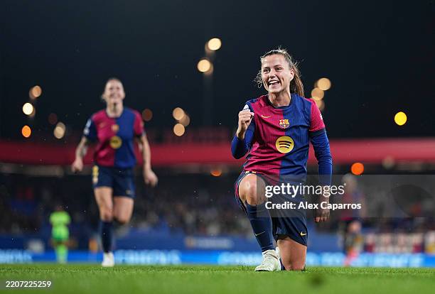 Claudia Pina of FC Barcelona celebrates scoring her team's fifth goal during the UEFA Women's Champions League Quarter Finals Second Leg match...