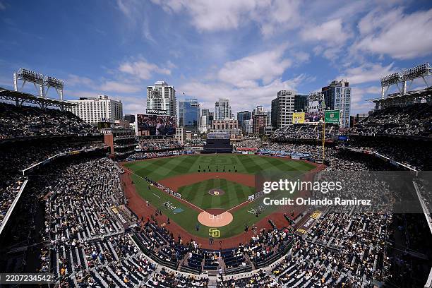 General view of the National Anthem prior to the game on Opening Day between the Atlanta Braves and the San Diego Padres at Petco Park on March 27,...