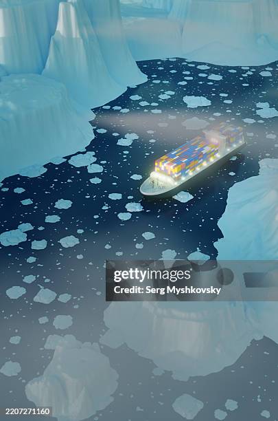 concept of the northern sea route. a cargo ship with containers between the arctic ice. - packeis stock-fotos und bilder