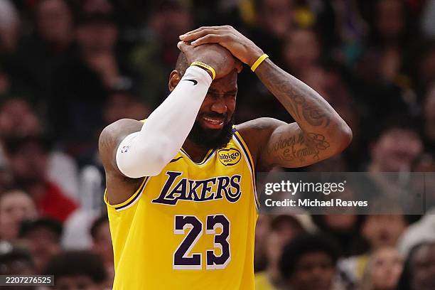 LeBron James of the Los Angeles Lakers reacts against the Chicago Bulls during the second half at the United Center on March 27, 2025 in Chicago,...