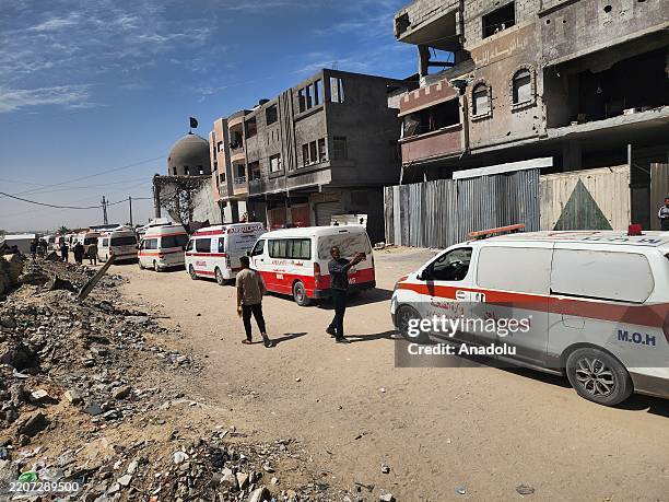 Funeral prayer held at Nasser Hospital in Khan Yunis, located in the southern Gaza Strip, for 8 health workers from the Palestinian Red Crescent who...