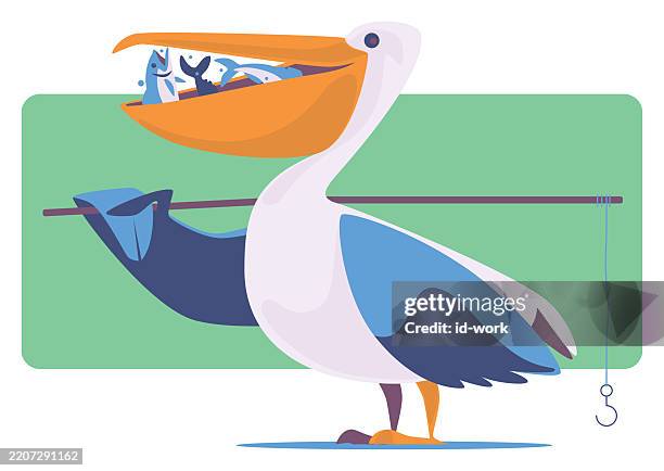 illustrazioni stock, clip art, cartoni animati e icone di tendenza di pellicano cattura pesci con canna da pesca - pellicano