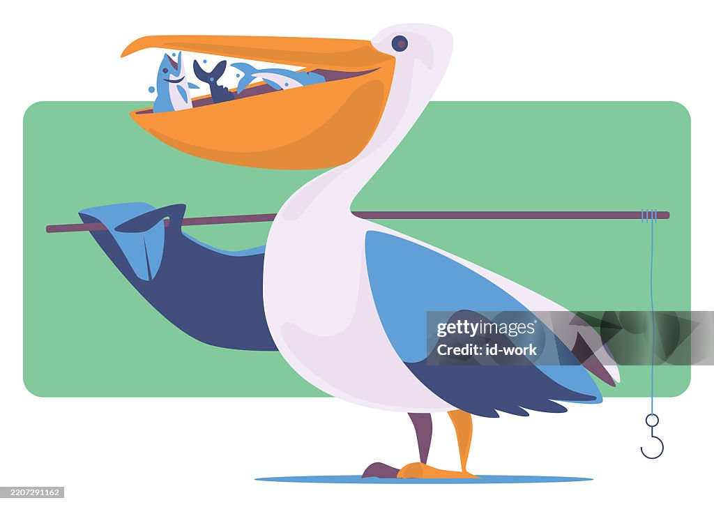 Pelican catching fishes with fishing rod