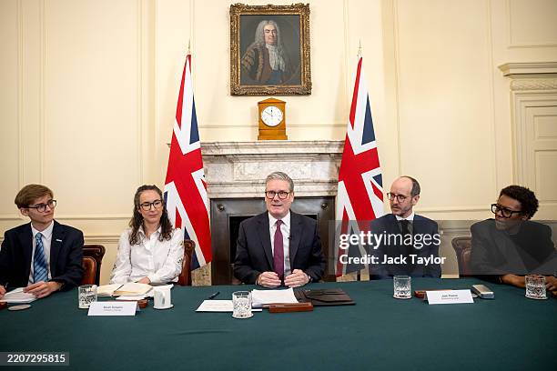 British Prime Minister Keir Starmer holds a roundtable meeting with Sarah Simpkin from the Children's Society ; writer Jack Thorne and producer Jo...