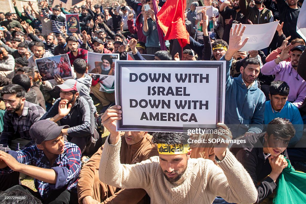 A Shiite Muslim man holds a placard during a protest against...