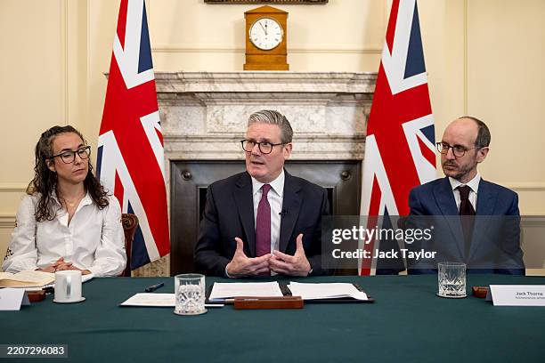 British Prime Minister Keir Starmer holds a roundtable meeting with Sarah Simpkin from the Children's Society and writer Jack Thorne at Number 10...