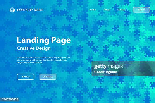 landign page template - blue abstract background with jigsaw puzzle - digital marketing tools stock illustrations