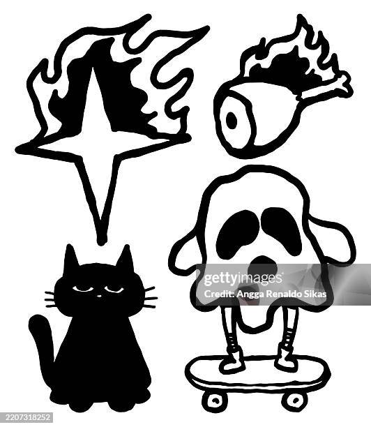 burning star, burning thigh meat, black cat and ghost riding skateboard doodle black and white icon set - skateboarder stock illustrations