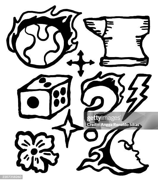 burning earth, anvil, dice, burning question mark, burning crescent moon and more doodle black and white icon set - anvil stock illustrations