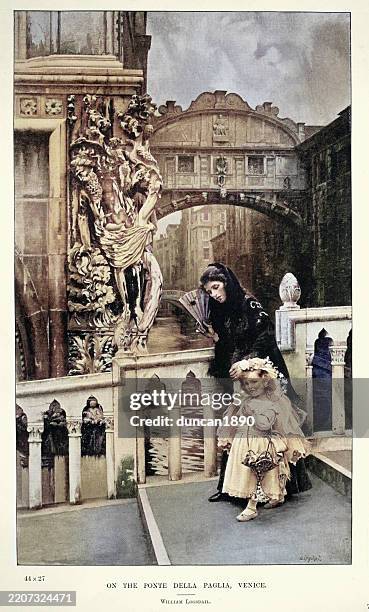 woman and girl on the ponte della paglia, venice, after the painting by william logsdail, victorian art, 1890s, 19th century - bridge of sighs stock illustrations