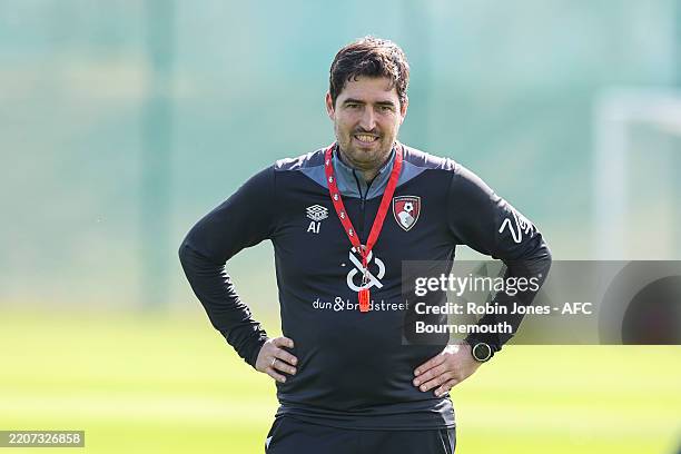Head Coach Andoni Iraola of Bournemouth during training session at the Cherries new training ground Canford Performance Centre on March 26, 2025 in...
