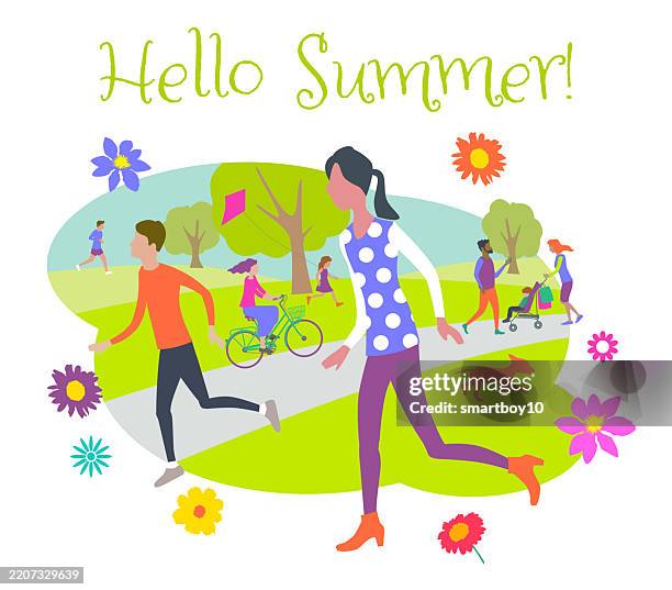 hello summer! - couple exercise outside stock illustrations
