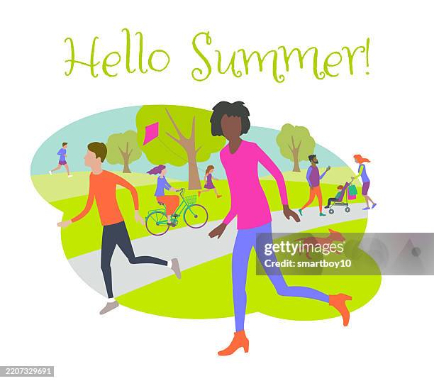 hello summer! - couple exercise outside stock illustrations