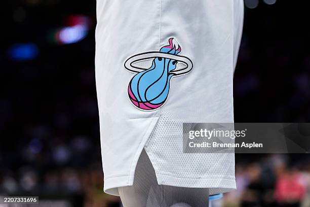 The Miami Heat, Miami Vice logo is seen during the third quarter against the Atlanta Hawks at Kaseya Center on March 27, 2025 in Miami, Florida. NOTE...