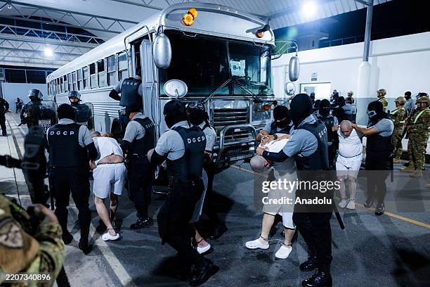 Members of Venezuela's Tren de Aragua gang and members of the MS-13 gang, who were deported to El Salvador by the US in San Salvador, El Salvador on...