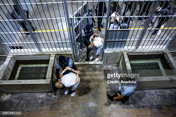 Members of Venezuela's Tren de Aragua gang and members of the MS-13 gang, who were deported to El Salvador by the US in San Salvador, El Salvador on...
