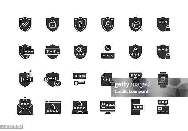 shield data security. password protection. flat black icons. vector - vpn stock illustrations