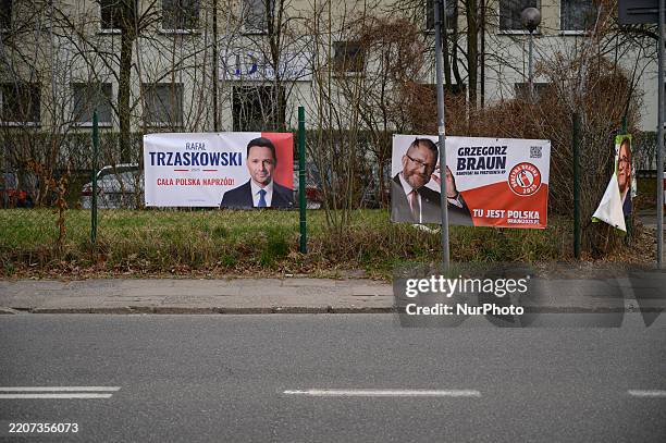 Banners show Presidential candidates, Warsaw Mayor Rafal Trzaskowski, the candidate for Tusk's Civic Platform and leader of the far-right party...