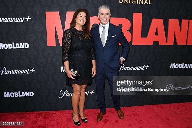 Keely Shaye Smith, Pierce Brosnan at the Paramount+ "MobLand" New York Premiere at SVA Theatre on March 31, 2025 in New York, New York.