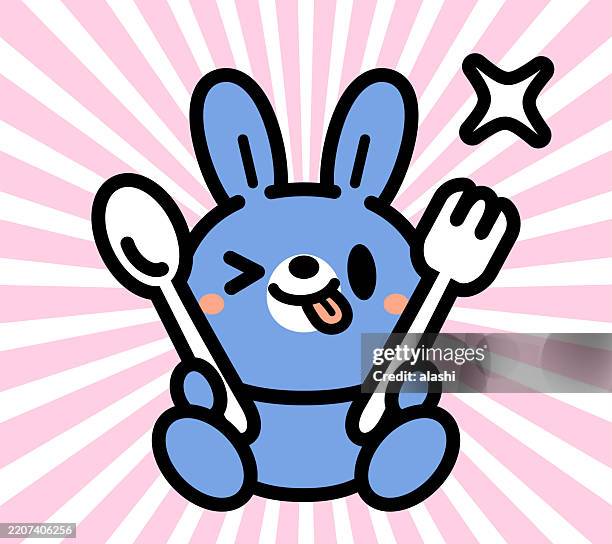 a cute easter bunny, holding a spoon and fork, sticking out tongue, sitting, looking at the viewer. front view, black outline with flat colors, minimalist style - rabbit mouth stock illustrations