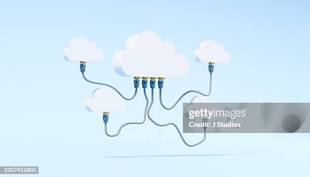 central cloud symbol connecting multiple smaller clouds with ethernet cables – network integration - computer plug stock pictures, royalty-free photos & images