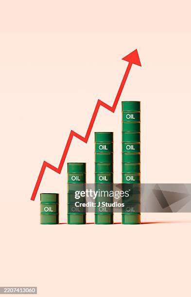 stacked oil barrels with upward arrow line graph – market growth - oil drum stock pictures, royalty-free photos & images