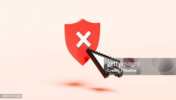 mouse cursor in front of large red shield with x mark – security warning concept - 3d mouse stock pictures, royalty-free photos & images