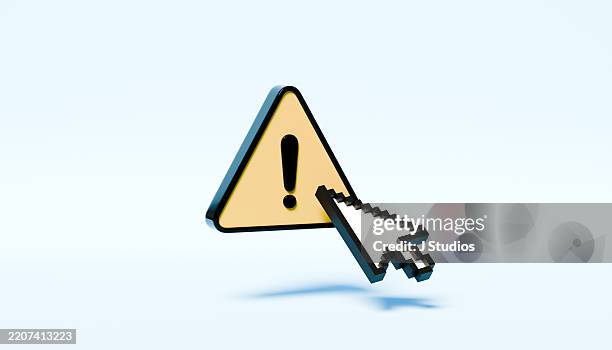 mouse cursor in front of large hovering warning triangle – alert and caution concept - misstag bildbanksfoton och bilder
