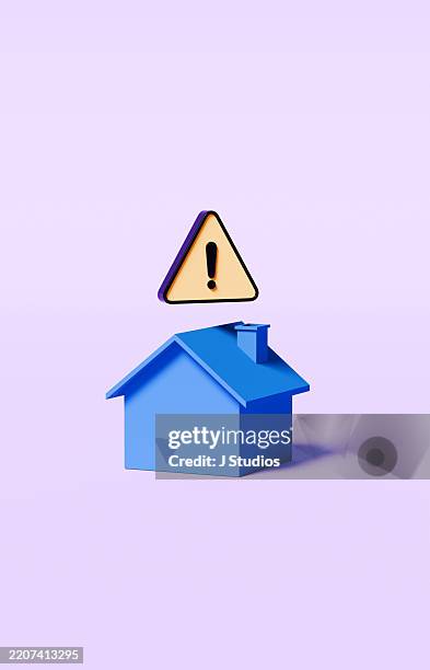 house symbol with hovering yellow warning triangle – home risk and safety awareness - construction mistake stock pictures, royalty-free photos & images