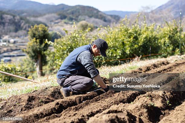 organic farmer doing farm work. - campo arado fotografías e imágenes de stock
