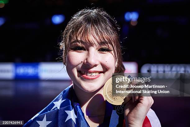Alysa Liu of United States poses in the Women´s medal ceremony during the ISU World Figure Skating Championships at the TD Garden on March 28, 2025...