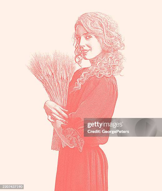 antique illustration of woman holding sheaf of wheat. - peach colour stock illustrations