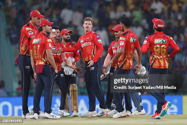 Lockie Ferguson of Punjab Kings celebrates after taking the wicket of Aiden Markram of Lucknow Super Giants during the 2025 IPL match between Lucknow...