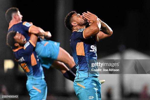 Ardie Savea of Moana Pasifika celebrates after winning the round seven Super Rugby Pacific match between Crusaders and Moana Pasifika at Apollo...