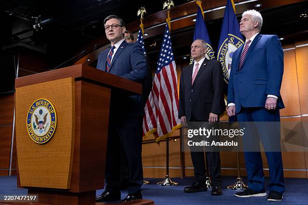 Speaker of the House Mike Johnson speaks at a press conference with other members of House Republican leadership in Washington, DC on April 1, 2025.