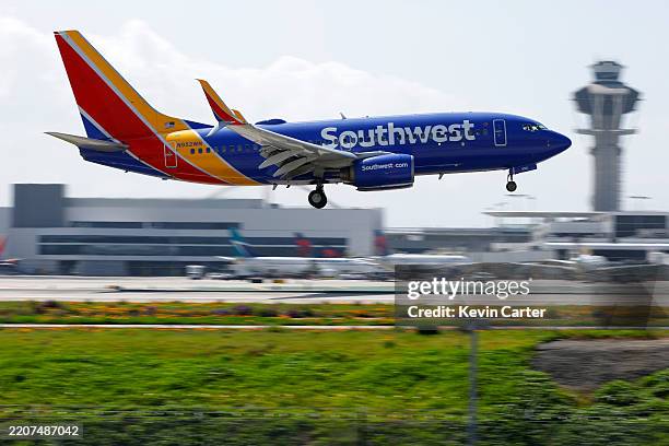 Southwest Airlines Boeing 737 airplane arrives at Los Angeles International Airport from San Francisco on March 28, 2025 in Los Angeles, California.