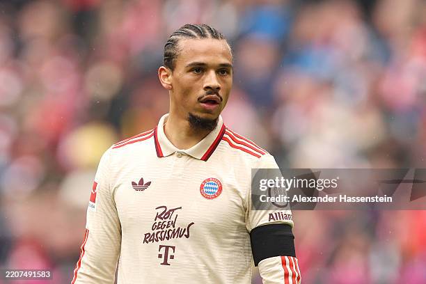 Leroy Sane of Bayern Munich looks on during the Bundesliga match between FC Bayern München and FC St. Pauli 1910 at Allianz Arena on March 29, 2025...