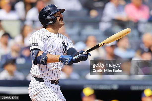 Austin Wells of the New York Yankees hits a home run on a torpedo bat in the first inning against the Milwaukee Brewers at Yankee Stadium on March...