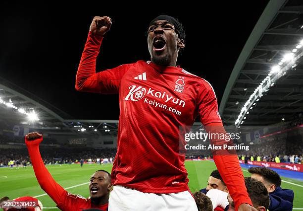 Anthony Elanga of Nottingham Forest celebrates following the team's victory in the penalty shoot out during the Emirates FA Cup Quarter Final match...
