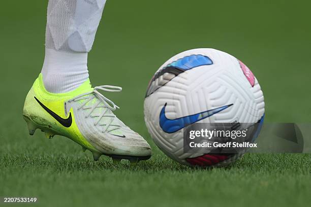 Detail of Nike cleats at SeatGeek Stadium on March 30, 2025 in Bridgeview, Illinois.