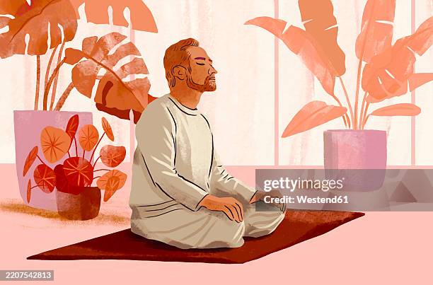 illustration of a person meditating indoors surrounded by plants - meditieren stock-grafiken, -clipart, -cartoons und -symbole